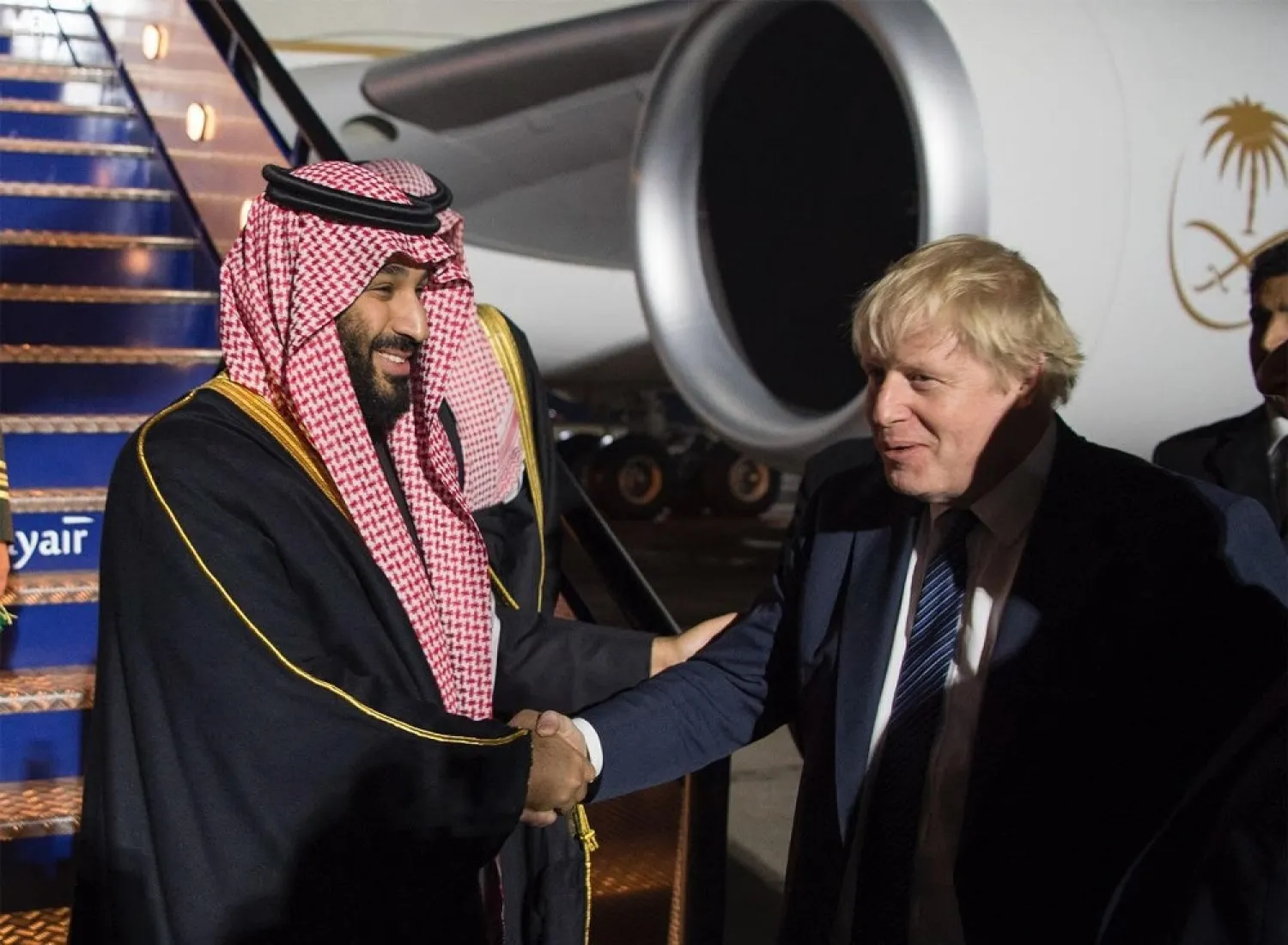 Crown Prince Mohammed bin Salman is welcomed at London airport by Foreign Secretary Boris Johnson. (SPA)