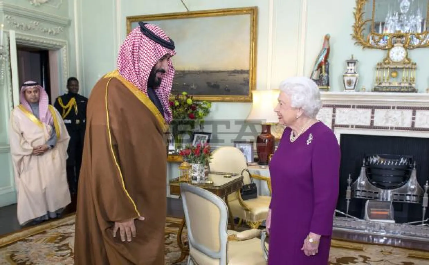 Britain's Queen Elizabeth greets the Crown Prince of Saudi Arabia Mohammed bin Salman during a private audience at Buckingham Palace in London. Photo: AP