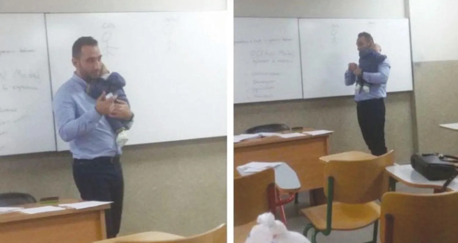 أستاذ جامعي لبناني يهدهد رضيعاً في الصف يثير الرأي العام