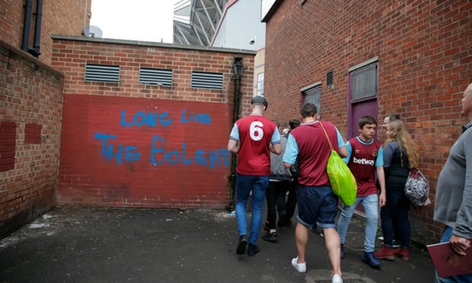  West Ham United fans at Upton Park before the final match at the old Boleyn Ground in May 2016, when Manchester United were beaten 3-2. Photograph: Tom Jenkins for the Guardian

