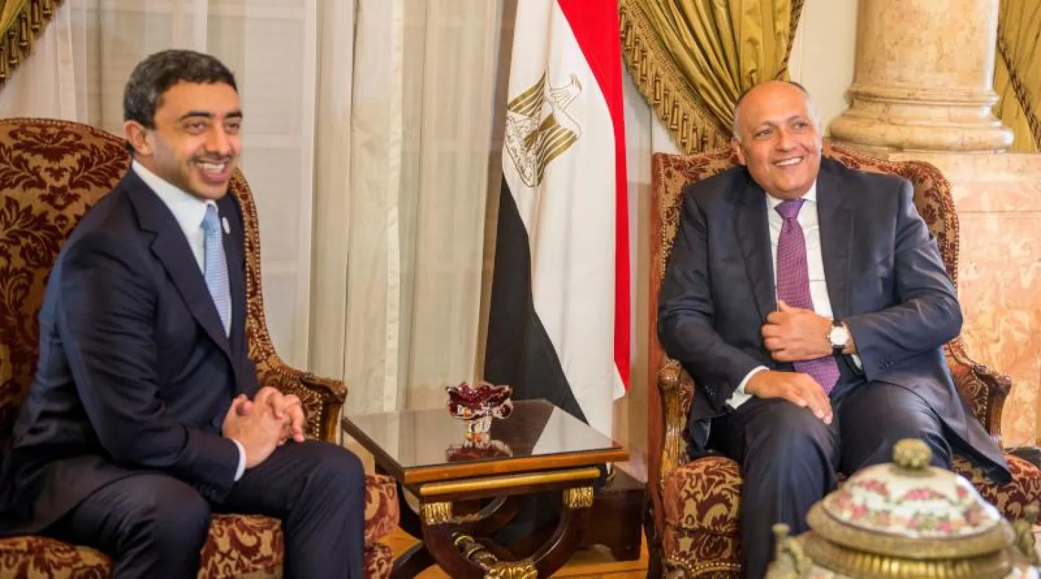 وزير الخارجية المصري سامح شكري والشيخ عبد الله بن زايد وزير خارجية الإمارات خلال جلسة المباحثات بالقاهرة (أ.ف.ب)