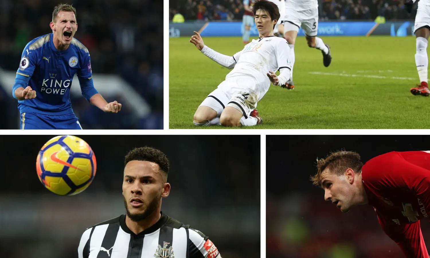  Clockwise: Leicester’s Marc Albrighton, Swansea’s Ki Sung-yueng, Manchester United’s Luke Shaw and Newcastle’s Jamaal Lascelles. Composite: Rex/Getty/PA

