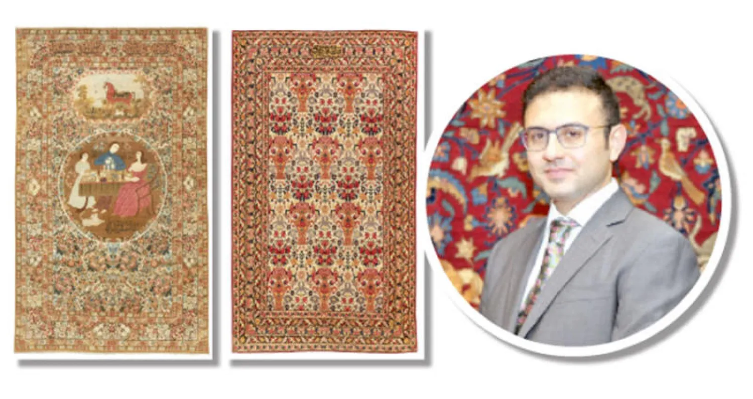 هادي مكتبي - إحدى قطع السّجاد التي يشارك بها هادي مكتبي بمعرض «إمبراطورية الورود» في متحف اللوفر - قطعة سجاد نادرة تعرف بـ«سجاد القصور» من مجموعة هادي مكتبي المشاركة في معرض اللوفر