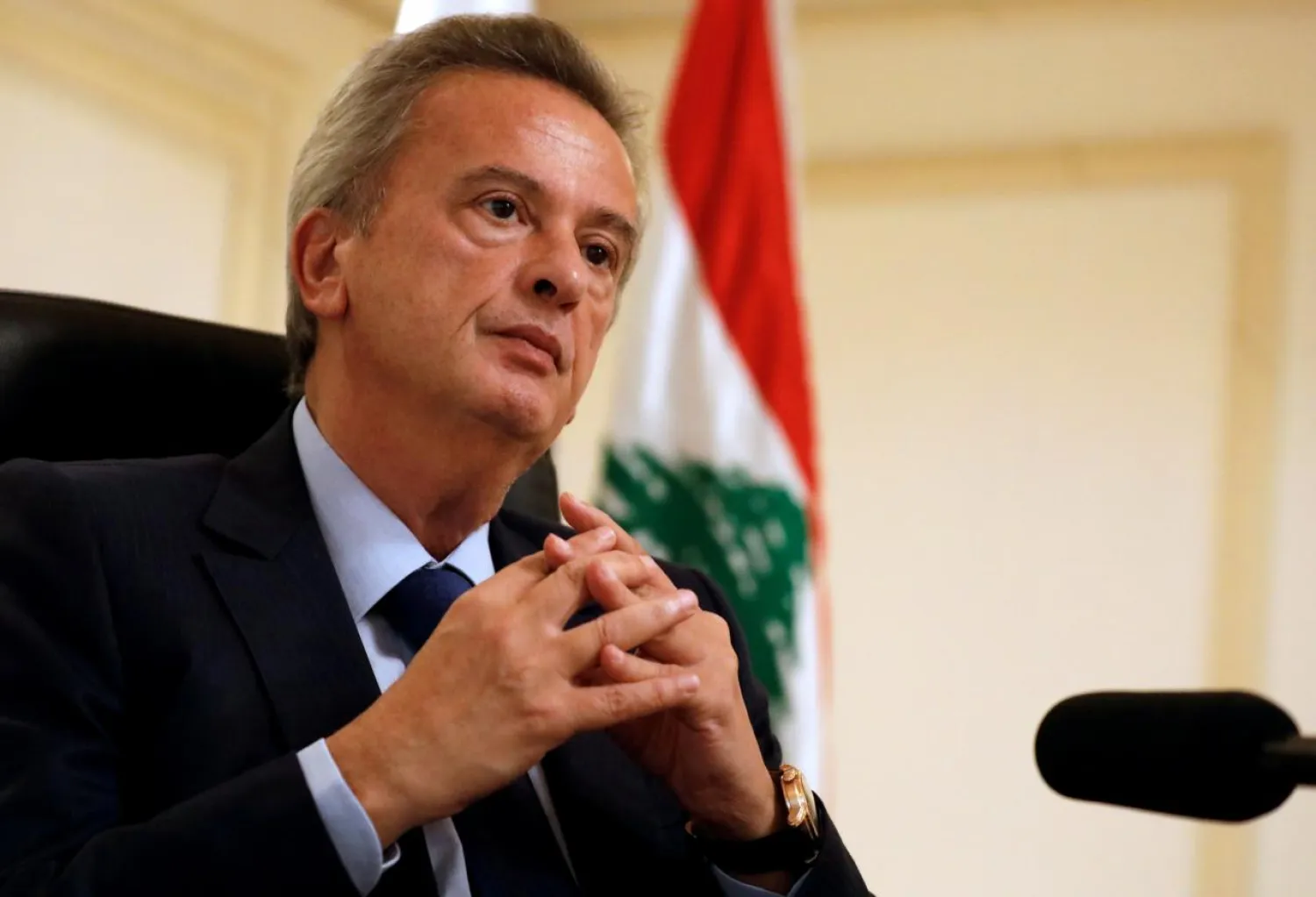  FILE PHOTO: Lebanon's Central Bank Governor Riad Salameh speaks during an interview with Reuters at his office in Central Bank in Beirut, Lebanon October 24, 2017. REUTERS/Jamal Saidi/File Photo