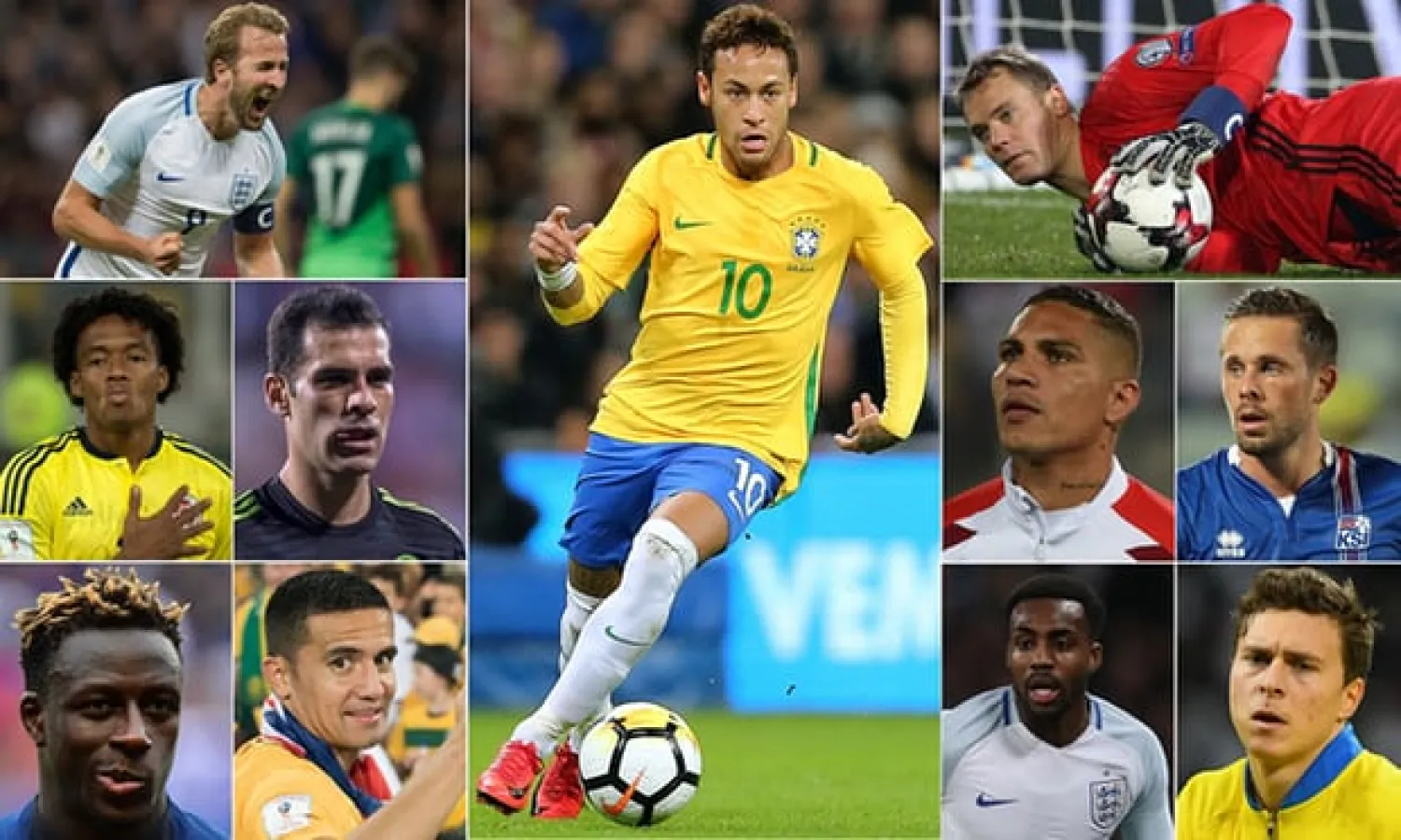  Harry Kane, Juan Cuadrado, Rafa Márquez, Benjamin Mendy, Tim Cahill, Neymar, Manuel Neuer, Gylfi Sigurdsson, Paolo Guerrero, Victor Lindelöf and Danny Rose. Composite: BPI/REX/Shutterstock, Getty Images
