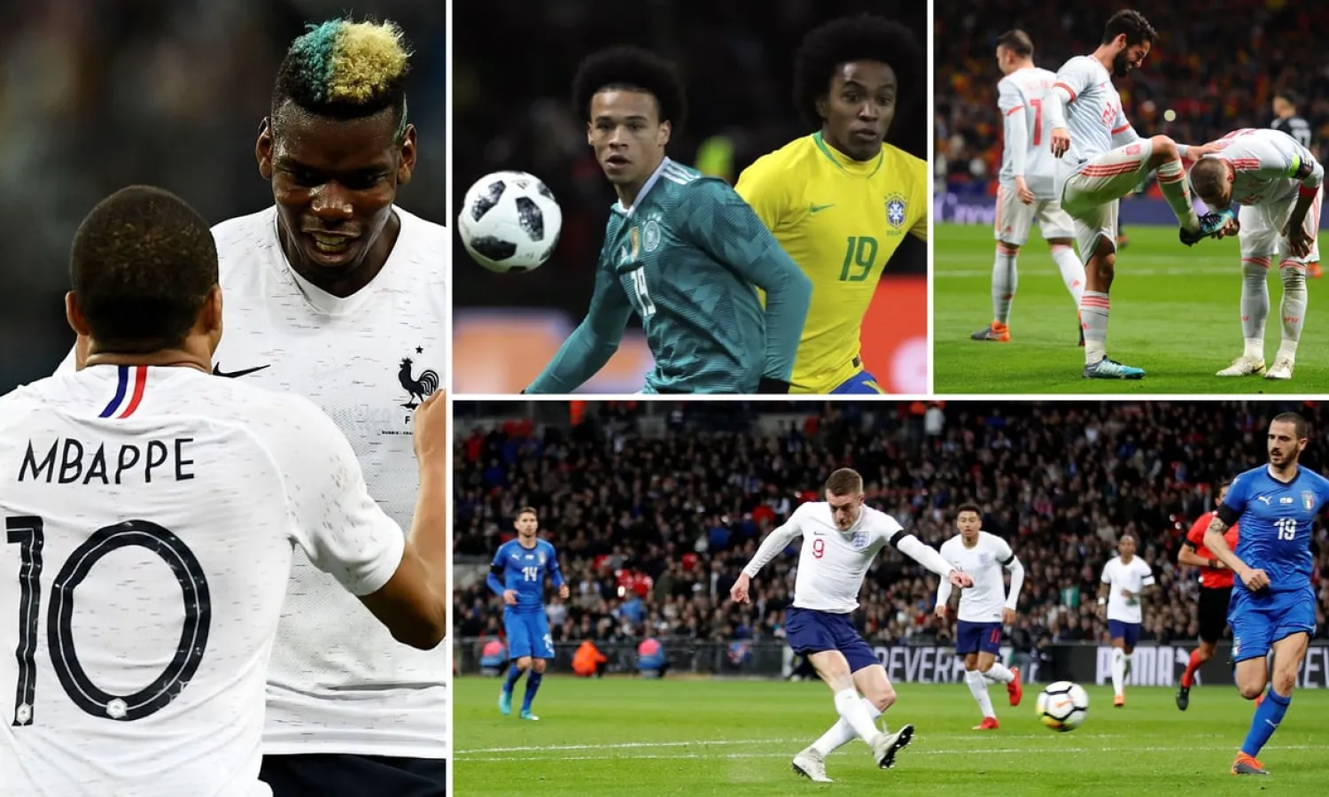  Clockwise from left: Kylian Mbappé and Paul Pogba, Leroy Sané with Willian, Sergio Ramos kisses Isco’s boot and Jamie Vardy gives England the lead against Italy. Photograph: AFP/Getty/Action via Reuters/AP