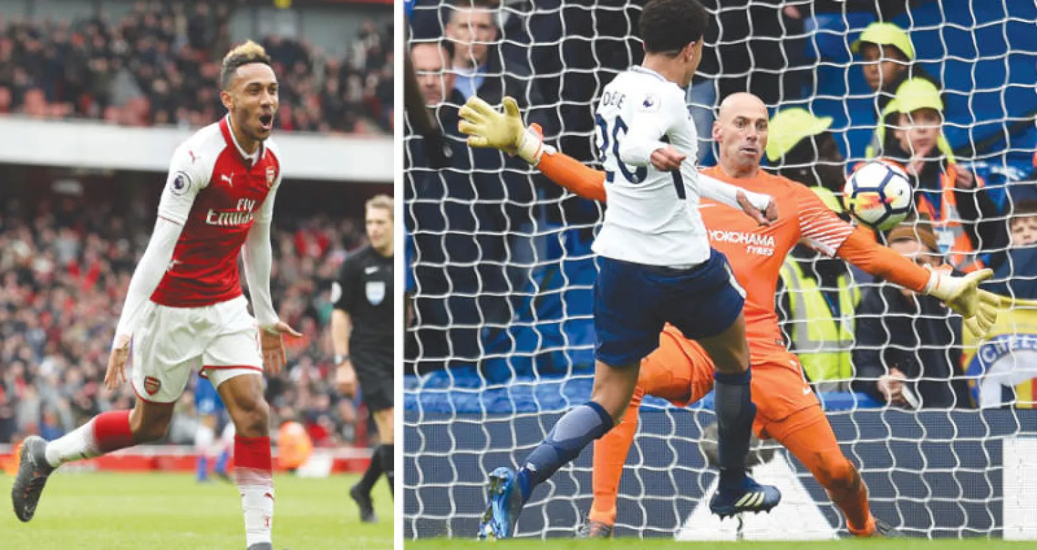 ديلي آلي نجم توتنهام يسجل في مرمى تشيلسي (إ.ب.أ)  -  أوباميانغ نجم آرسنال يحتفل بهدفيه (إ.ب.أ)