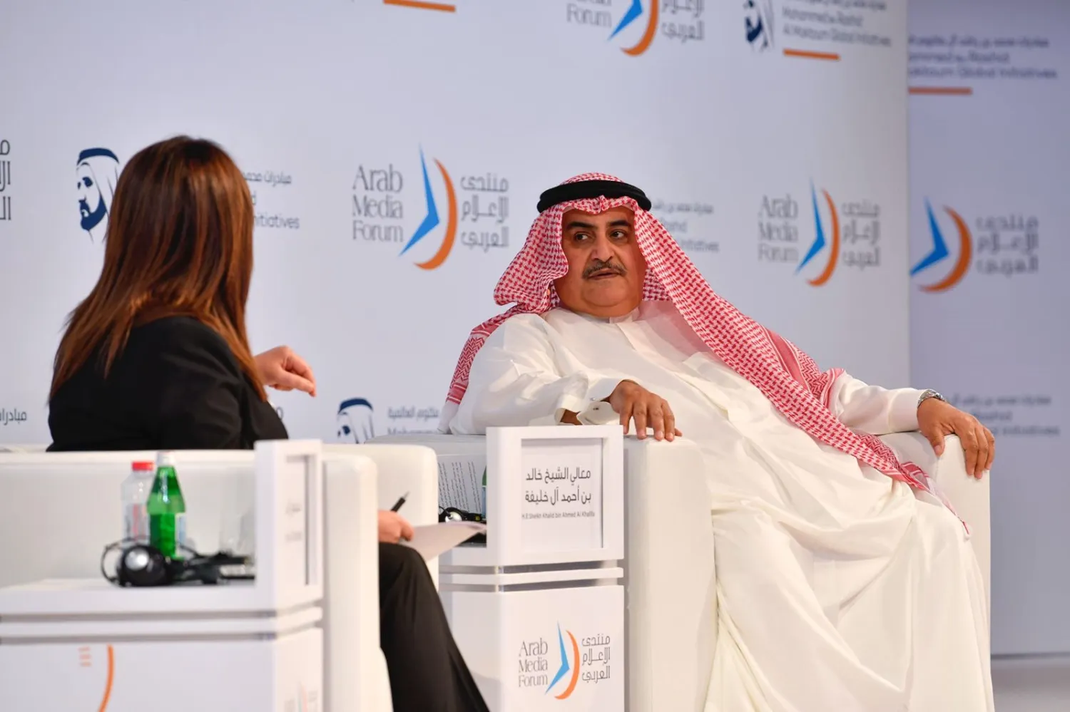 Bahraini Foreign Minister Sheikh Khalid bin Ahmed bin Mohammed Al Khalifa attends the seventeenth edition of the Arab Media Forum in the UAE. Bahrain News Agency