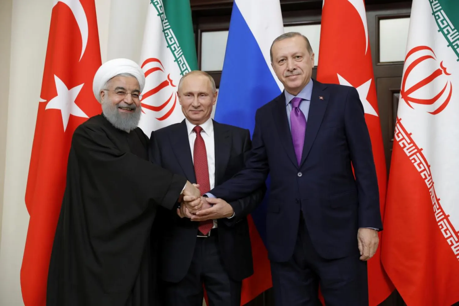 Iran's President Hassan Rouhani, Russia's Vladimir Putin and Turkey's Tayip Erdogan meet in Sochi, Russia in 2017. (Reuters)