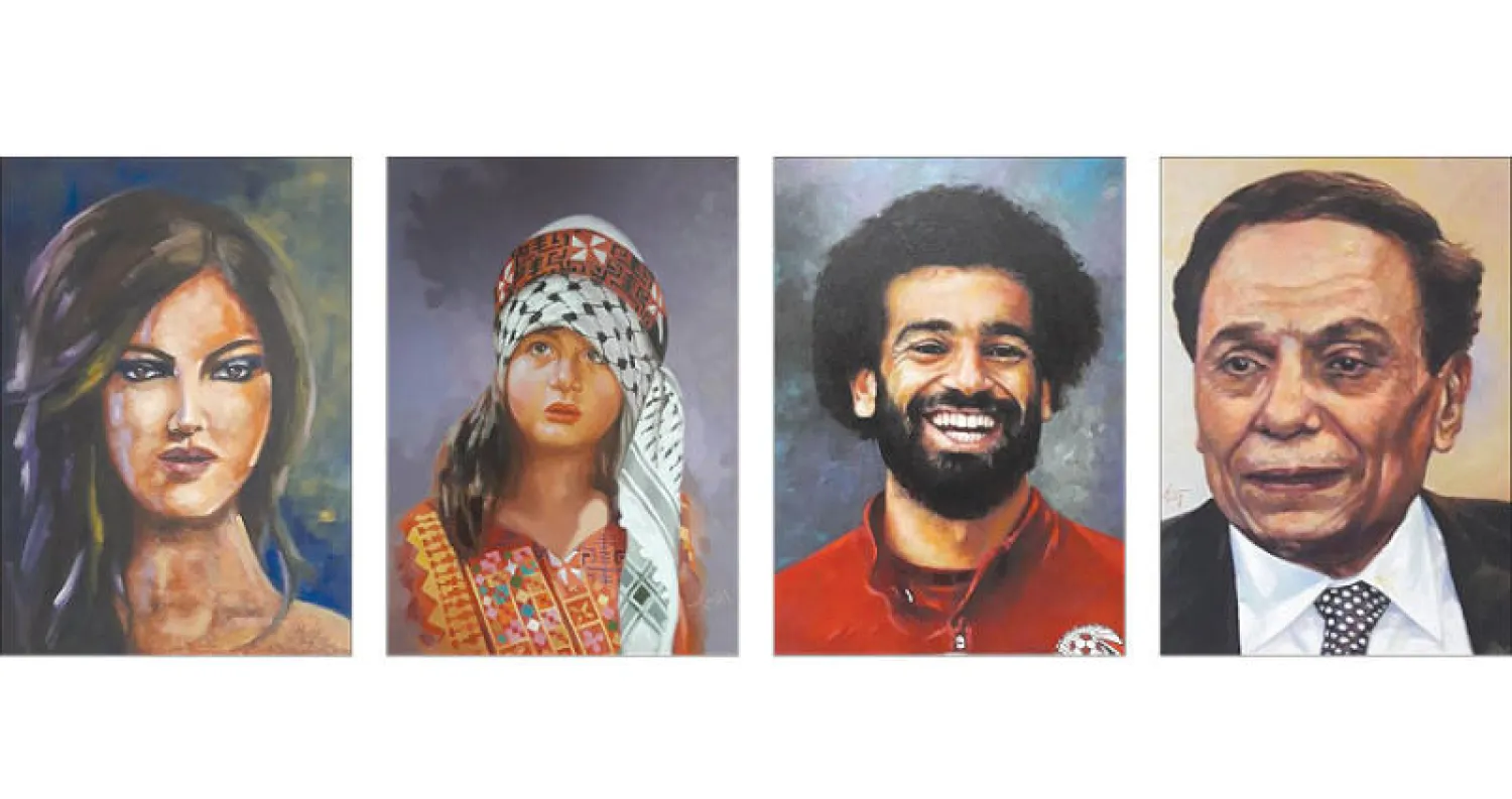 لوحة للفنان عبد المنعم معوض عن الفنان عادل إمام - ...وأخرى عن اللاعب محمد صلاح - لوحة للفنان أحمد بيومي - عمل للفنانة رولا محمود