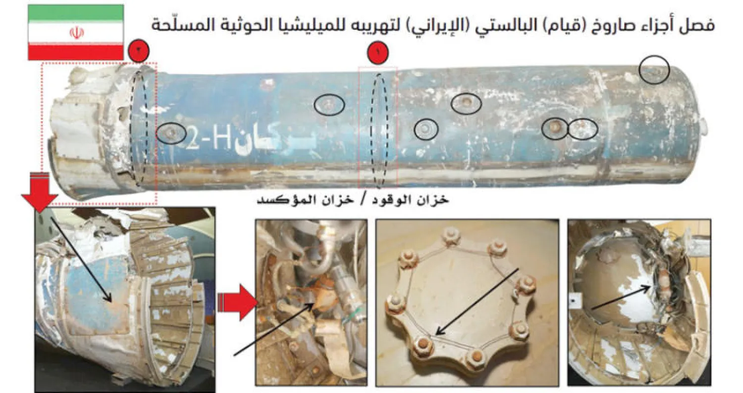 جانب من أدلة تطابق الصواريخ الحوثية مع الإيرانية التي عرضها التحالف في مؤتمر صحافي سابق («الشرق الأوسط»)