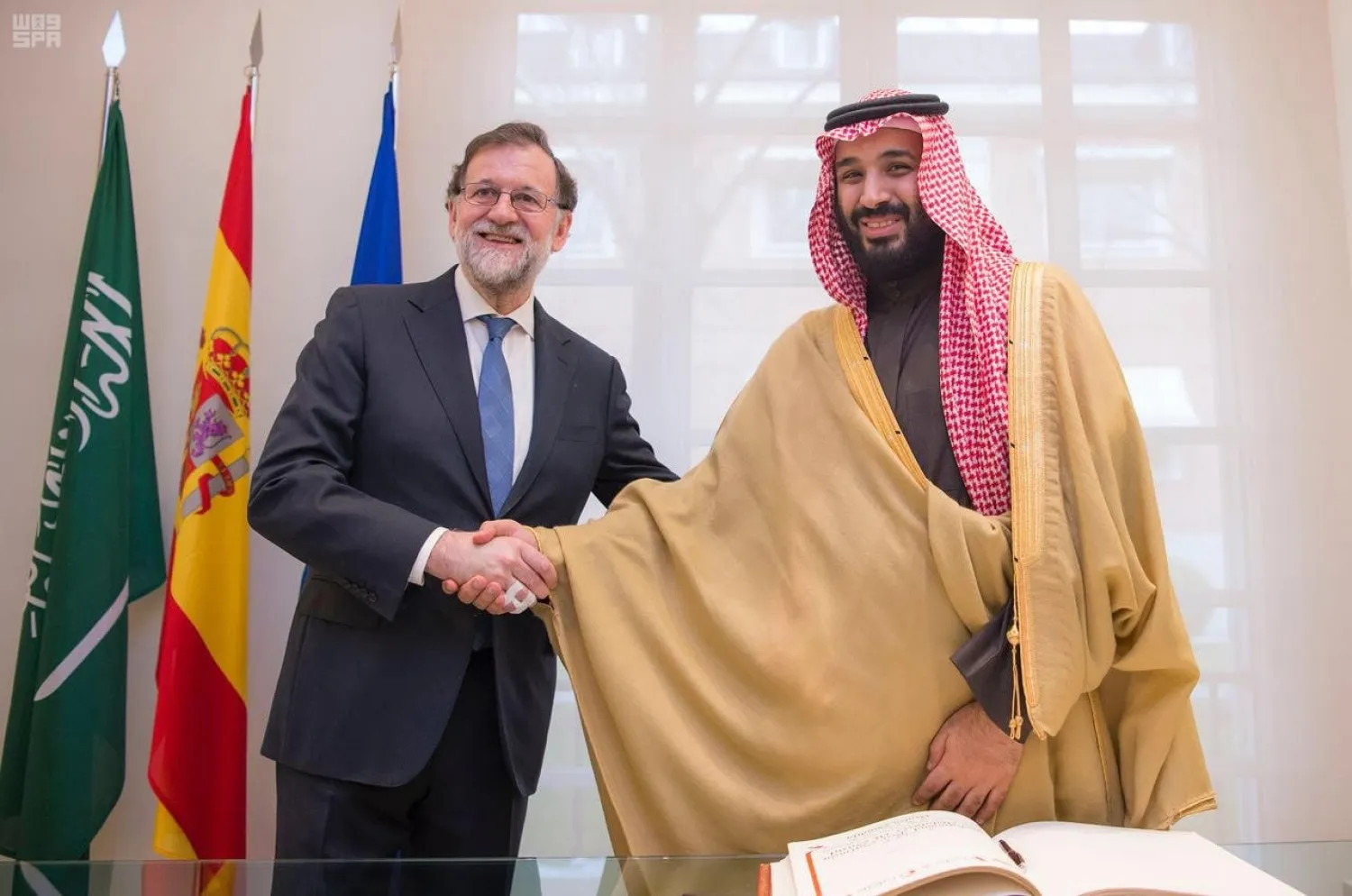 Saudi Crown Prince Mohammed bin Salman meets Spanish PM Mariano Rajoy in Madrid. (SPA)
