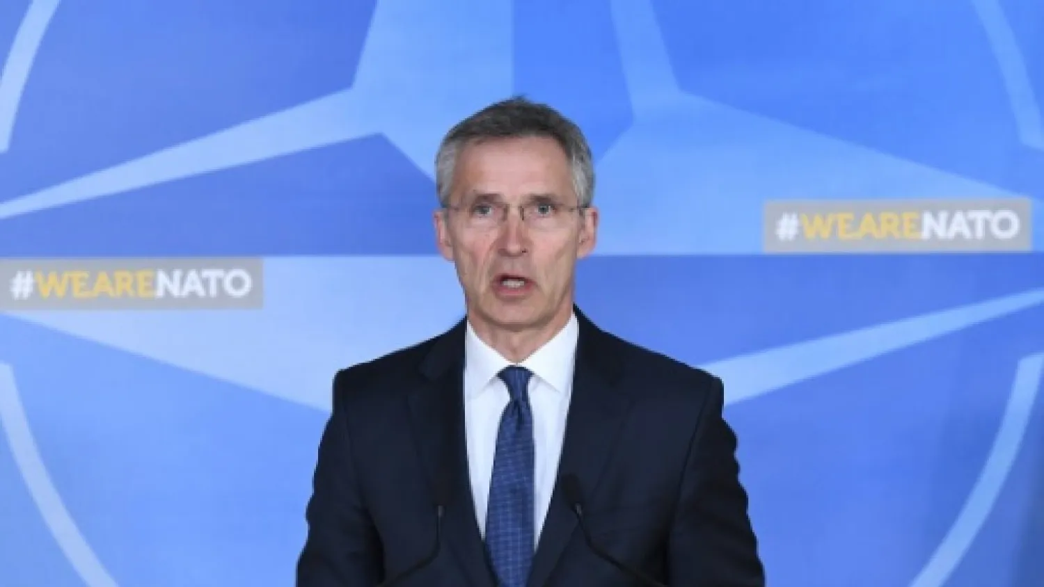 NATO General Secretary Jens Stoltenberg addresses a press conference following British, French and US strikes against Syria's regime at the NATO headquarters in Brussels on April 14, 2018. AFP