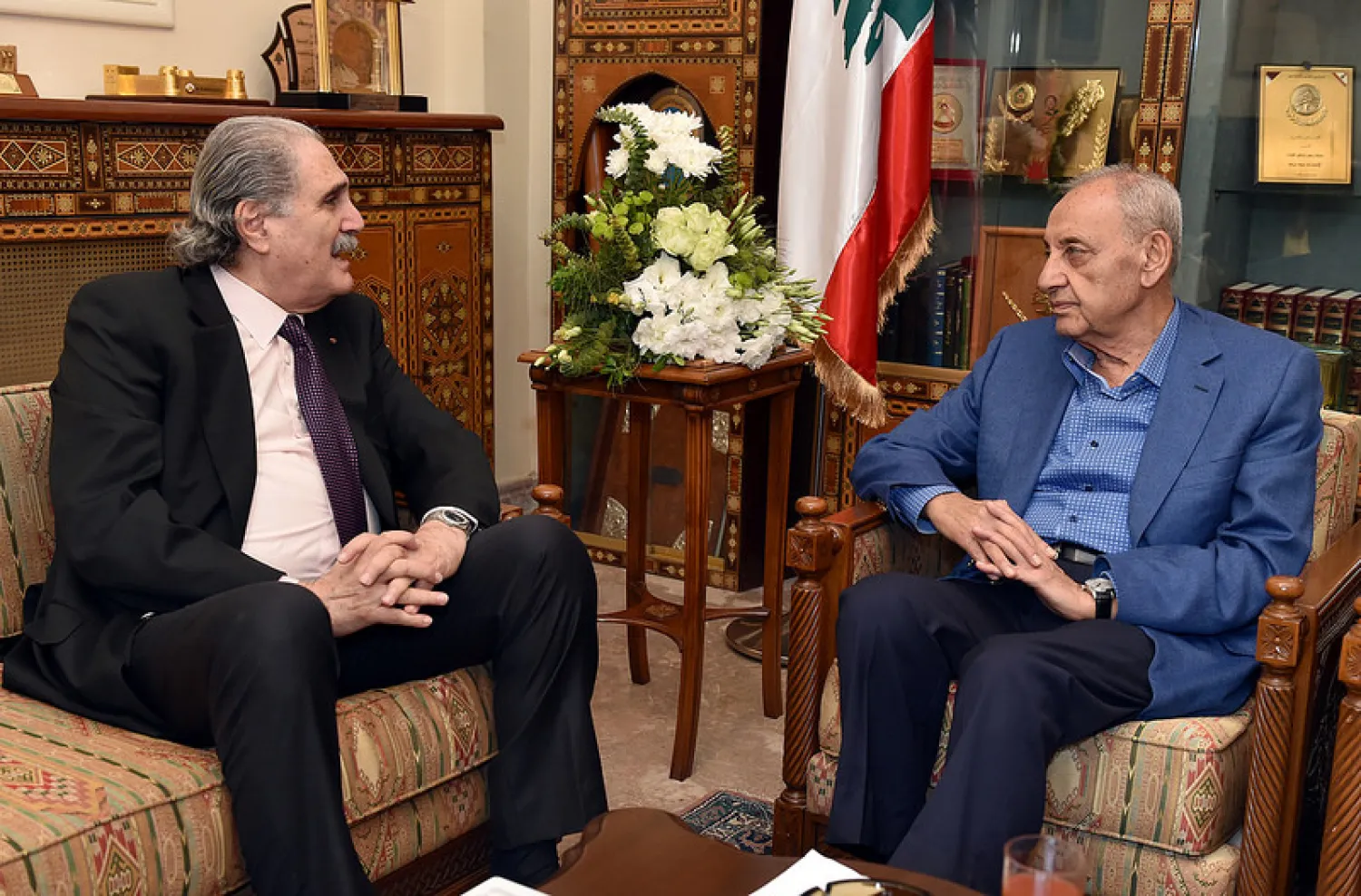 Speaker Nabih Berri meets with Justice Minister Salim Jreissati in Beirut on Monday. (NNA)