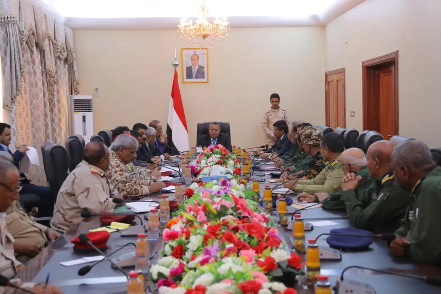 The Yemeni PM presides over a meeting for the military and security committee in the country’s temporary capital of Aden on Monday. (Saba news)