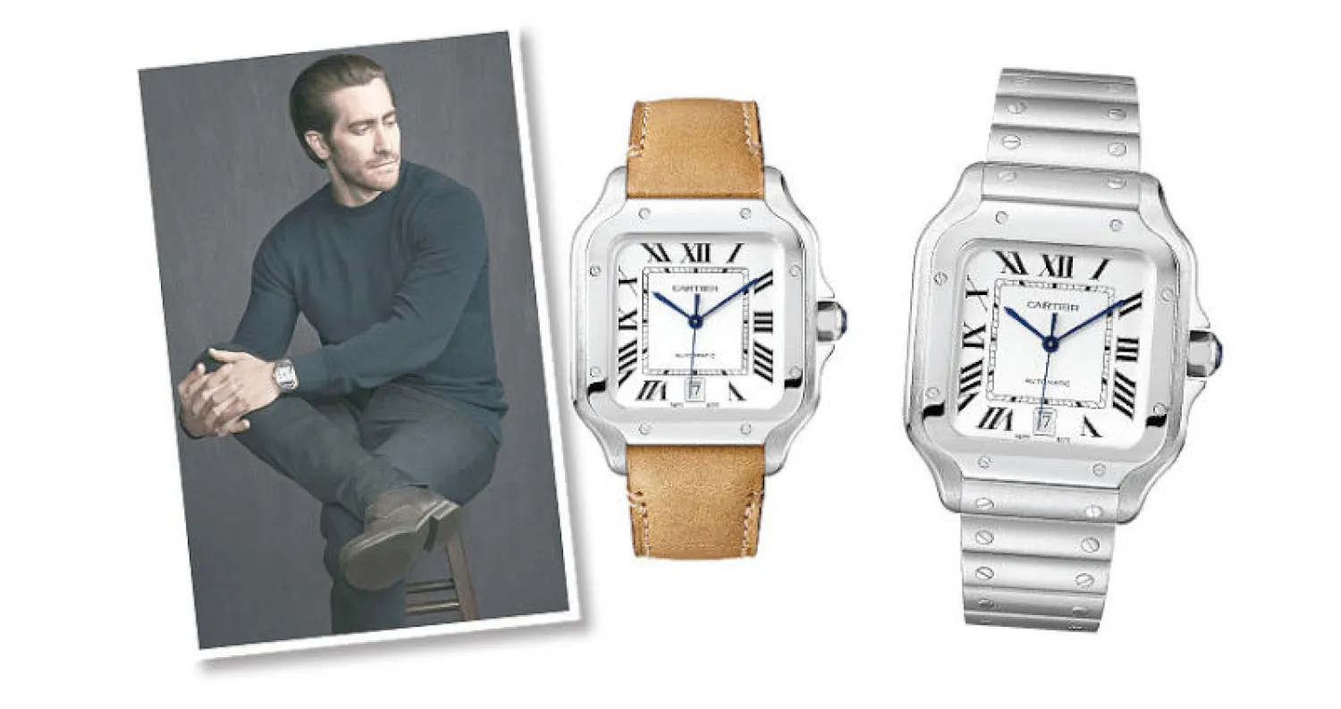 ساعة «سانتوس دو كارتييه»  من الصلب - ساعة «سانتوس» من الصلب وحزام من الجلد الطبيعي - الممثل جايك جيلينهال (تصوير ماثيو بروكس 
لدار كارتييه)