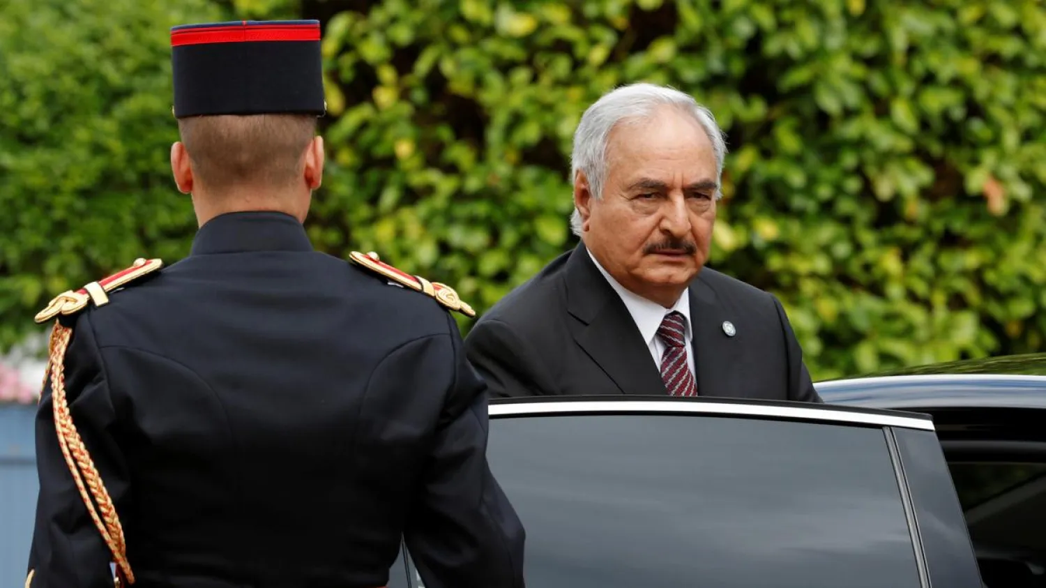 Field Marshal Khalifa Haftar, commander of the Libyan National Army, arrives for talks over a political deal to end Libya’s crisis in La Celle-Saint-Cloud, near Paris, on July 25, 2017. Philippe Wojazer / Reuters