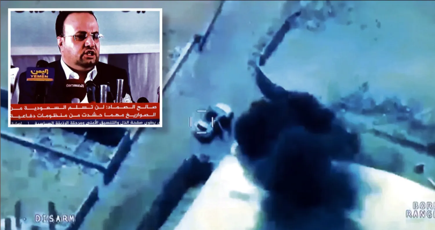 صورة من فيديو وزعه التحالف للموكب كما بدا من الجو بعد قصفه... وفي الإطار الصماد خلال لقاء مع أنصاره في ذمار مطلع الشهر ({الشرق الأوسط})