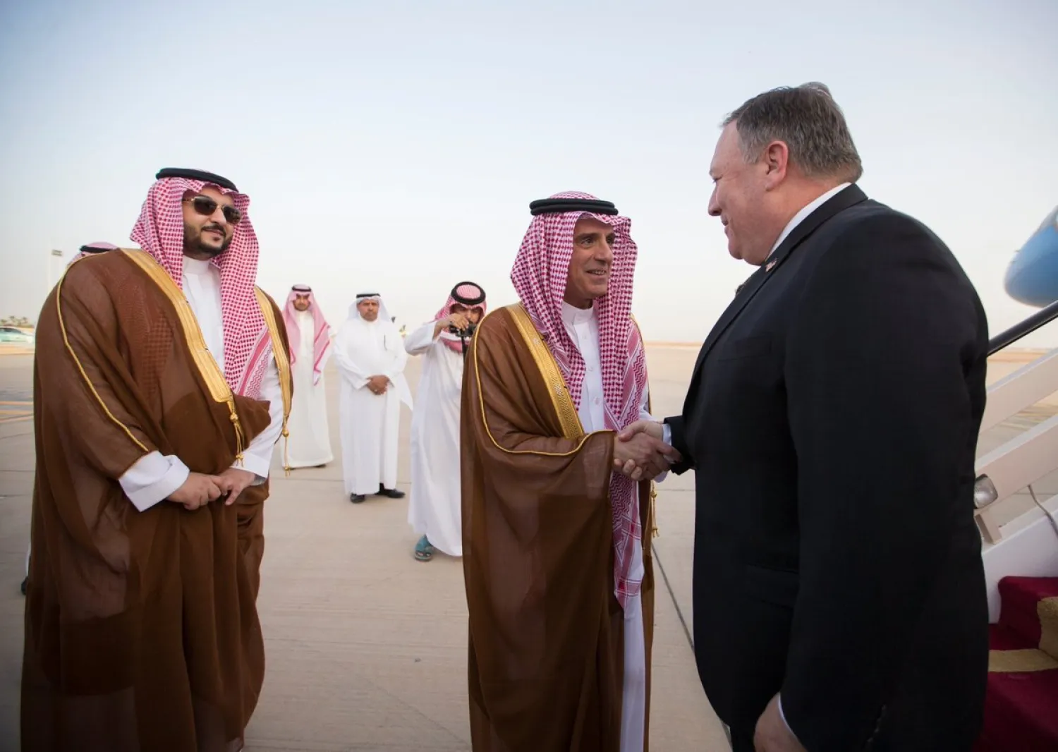Saudi FM Adel al-Jubeir receives US Secretary of State Pompeo in Riyadh. (SPA)