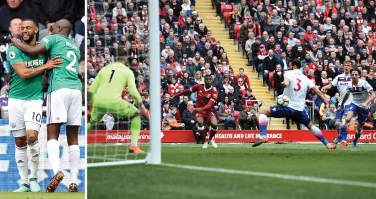 لاعبو ليفربول يطالبون بضربة جزاء بعد اصطدام الكرة بيد إريك بيترس (أ.ف.ب)  -  سيرايوكو بعد تسجيل هدف فوز وست بروميتش البيون (رويترز)