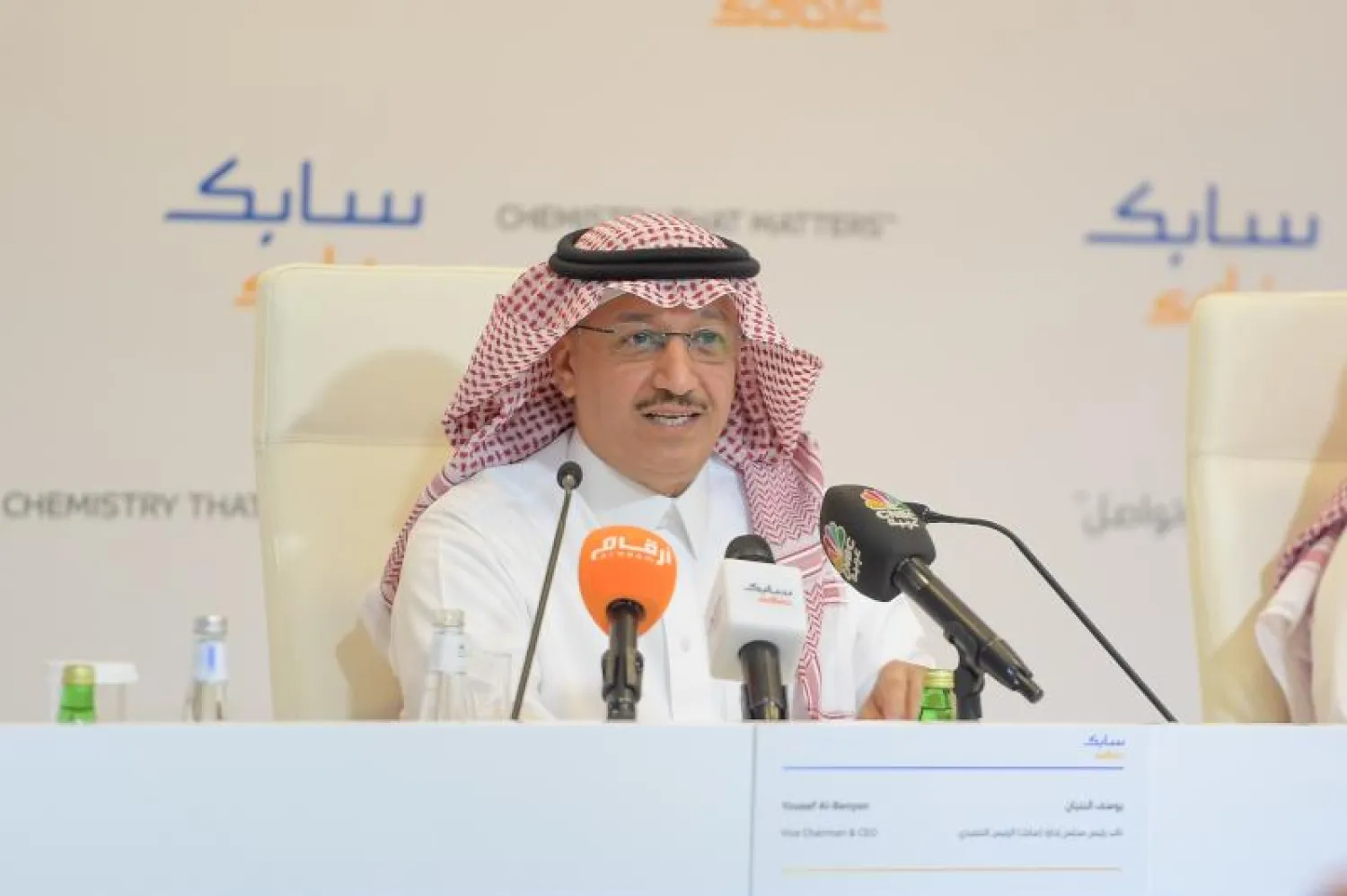 يوسف البنيان نائب رئيس مجلس إدارة (سابك) الرئيس التنفيذي خلال المؤتمر الصحافي («الشرق الأوسط»)