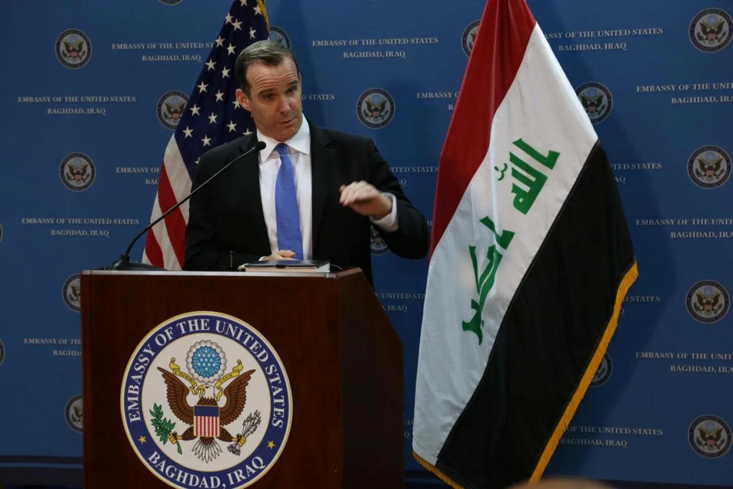 US envoy to the coalition against ISIS Brett McGurk speaks during a news conference at the US Embassy in Baghdad, Iraq in 2017. (Reuters)
