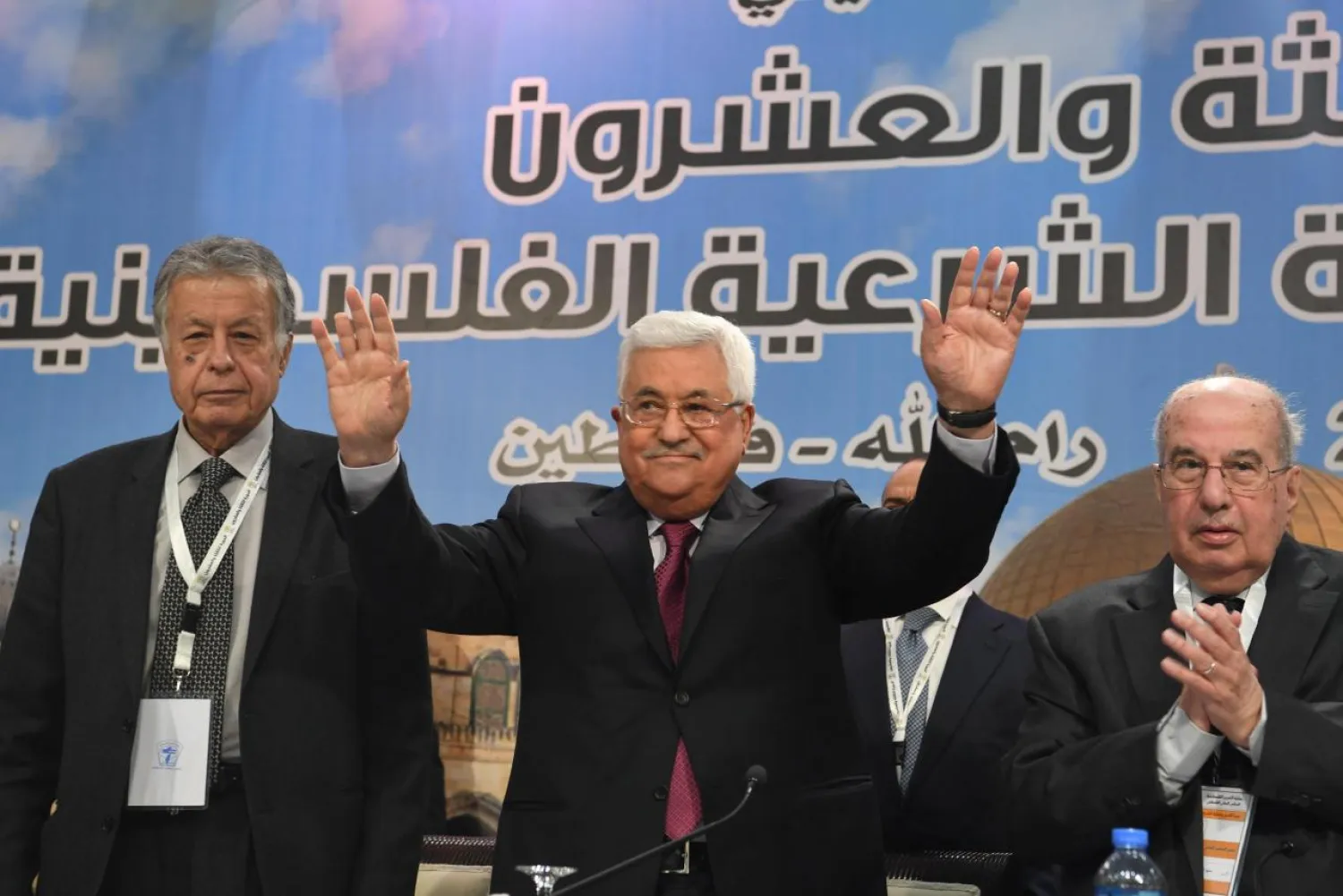 Palestinian President Mahmoud Abbas gestures during the Palestinian National Council meeting in Ramallah, in the occupied West Bank April 30, 2018. (Reuters)