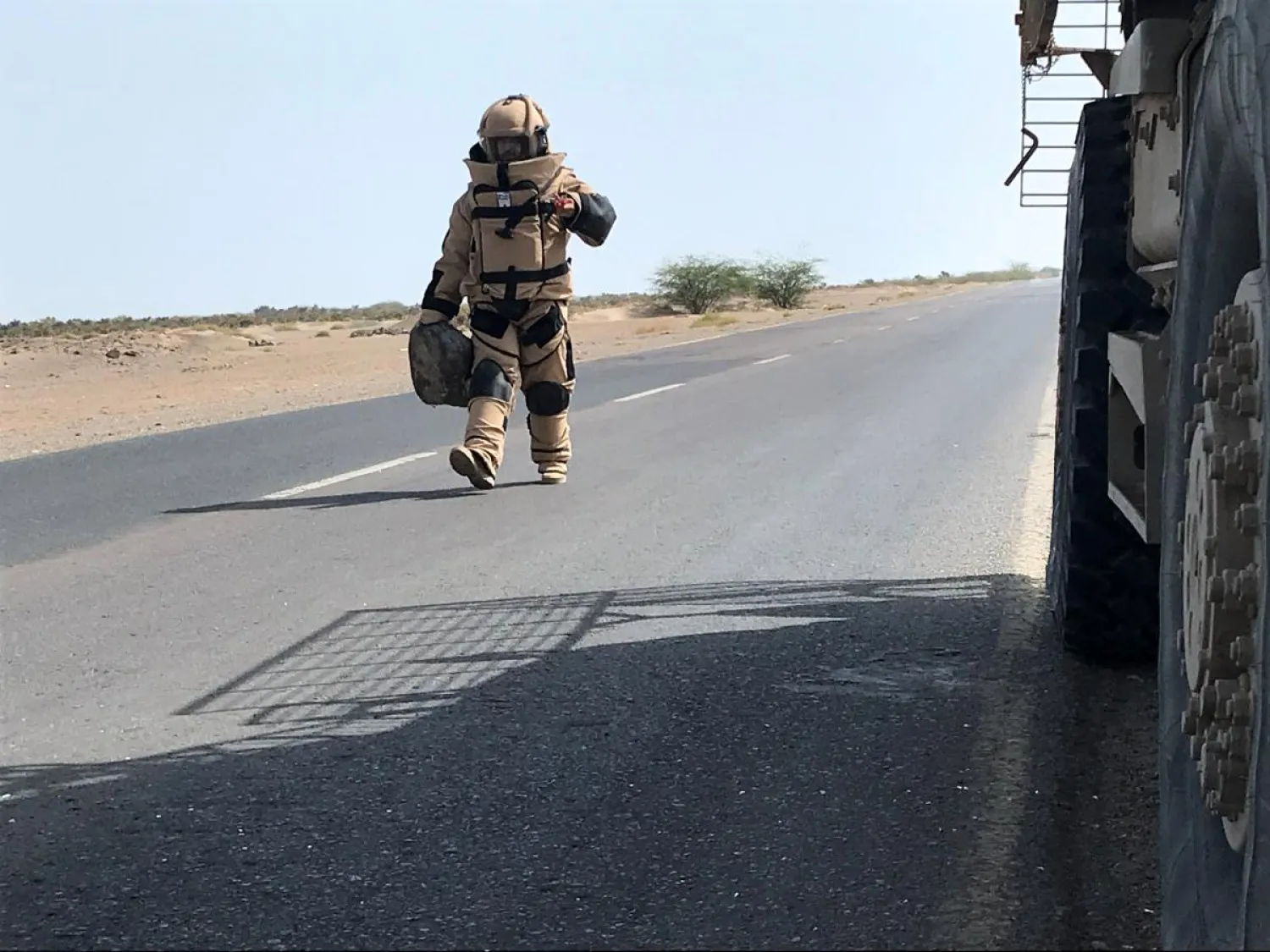A member of the UAE armed forces is seen while searching for landmines in Al-Mokha, Yemen March 6, 2018. Picture taken March 6, 2018. (Reuters)
