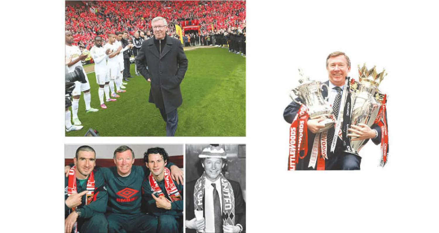 فيرغسون لحظة اعتزاله بعد قيادة يونايتد للفوز بلقب الدوري عام 2013 - فيرغسون في أول يوم له مع يونايتد - فيرغسون بين غيغز وكانتونا أسطورتي يونايتد