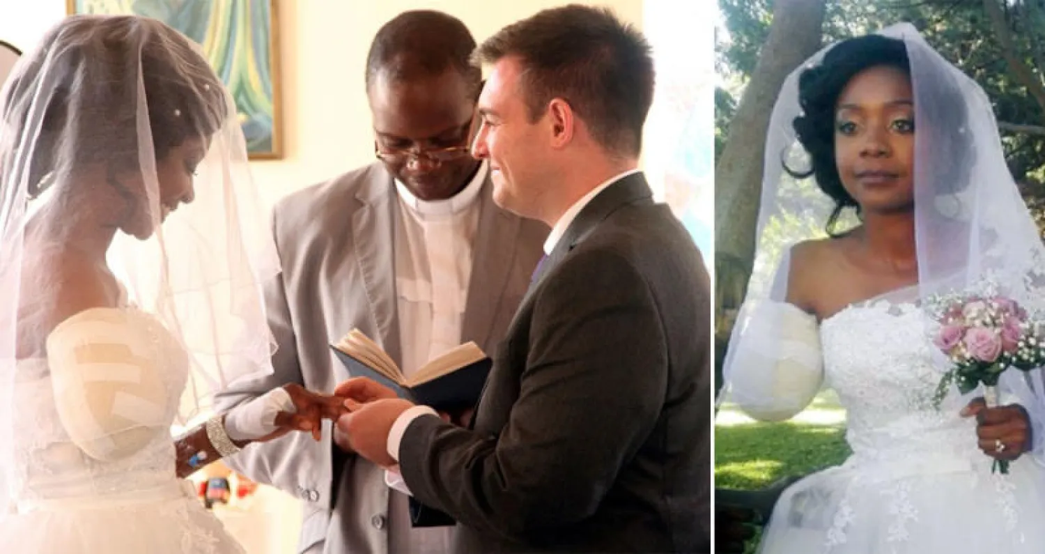 العروس زانيلي ندلوفو في زفافها على لاعب التنس البريطاني جيمي فوكس (أ.ب)