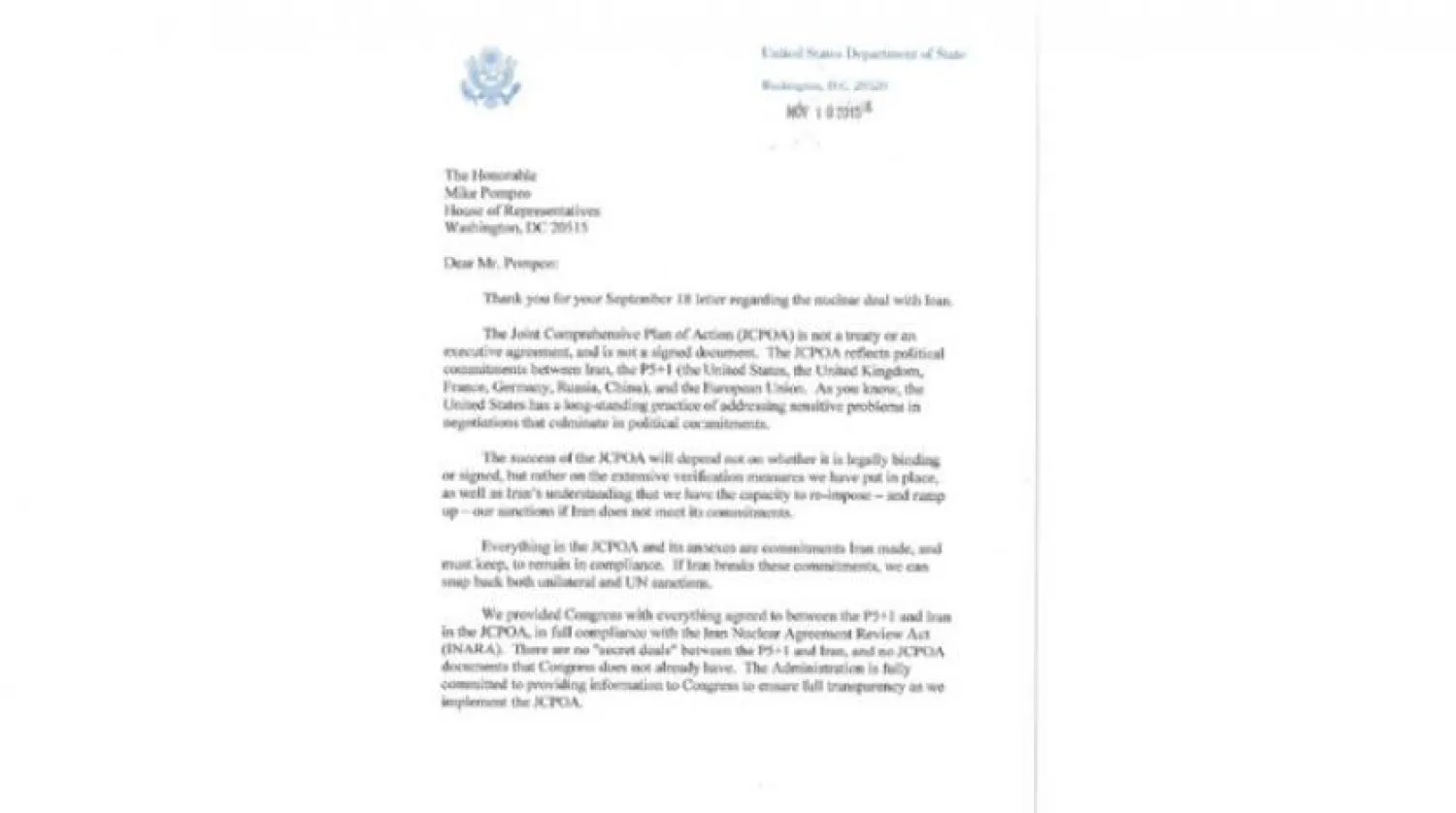A copy of a letter sent by the State Department to Mike Pompeo on November 19 2015, stating that the nuclear "deal" with Iran is not a legal treaty 