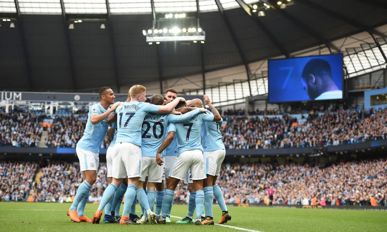 Raheem Sterling is mobbed by his team-mates after scoring Manchester City’s second goal in the 5-0 thrashing of Swansea at the Etihad Stadium in April. Photograph: Oli Scarff/AFP/Getty Images