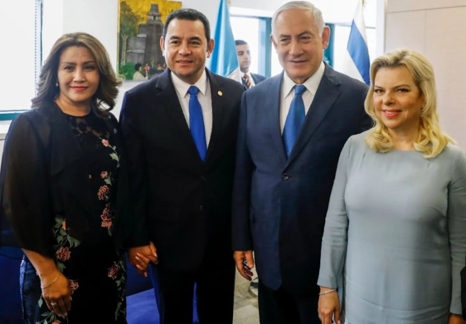 Guatemalan President Jimmy Morales and his wife pose with Israeli PM Benjamin Netanyahu and his wife ahead of the opening of Guatemala's embassy in Jerusalem on May 16, 2018. (AFP)