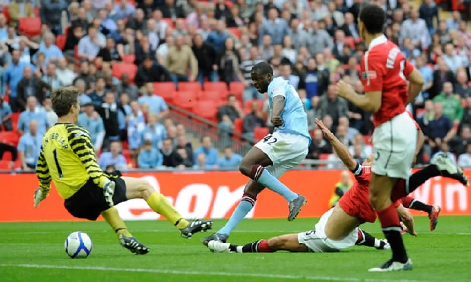  Yaya Touré scores the FA Cup semi-final goal against Manchester United that helped tip the balance between the clubs. Photograph: Tom Jenkins for the Guardian
