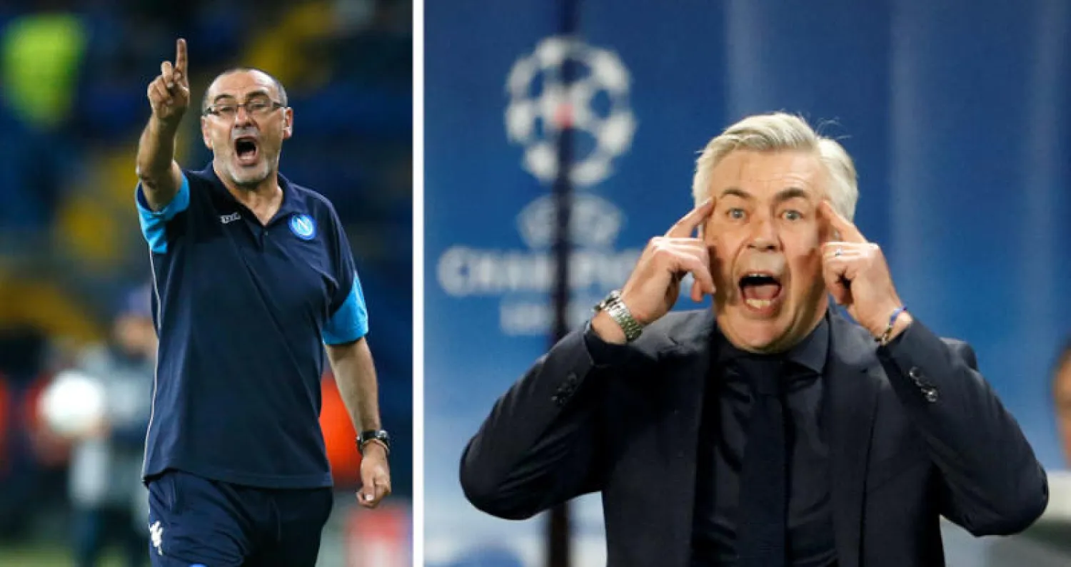 أنشيلوتي يحمل طموحات كبيرة لقيادة نابولي إلى منصات التتويج (رويترز)  -  ساري ينتظر تعويضاته لمغادرة نابولي (أ.ب)