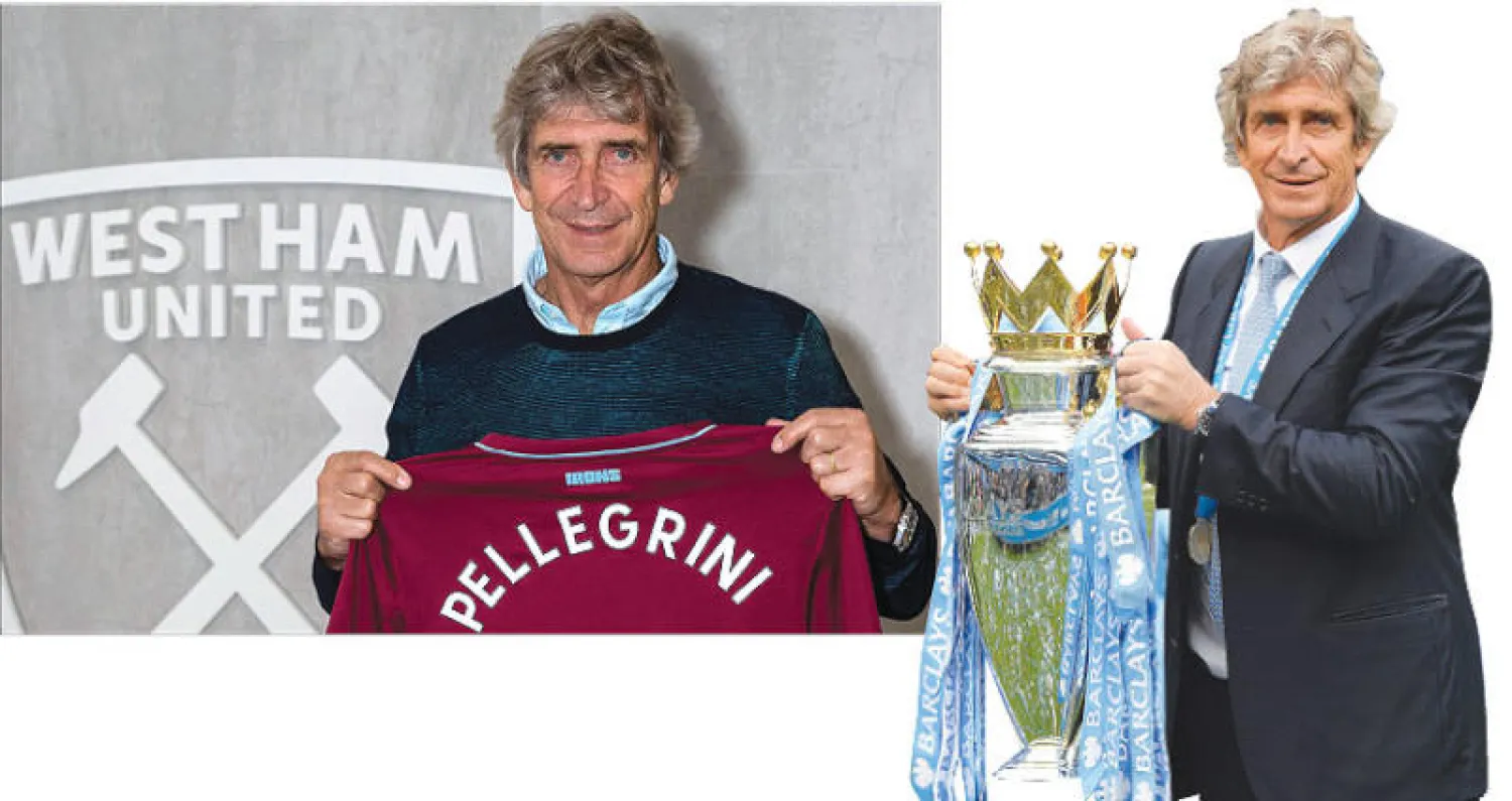 بيليغريني عندما قاد مانشستر سيتي للقب الدوري الممتاز (أ.ف.ب) - مانويل بيليغريني يستعرض قميص وستهام بعد التعاقد على تدريبه