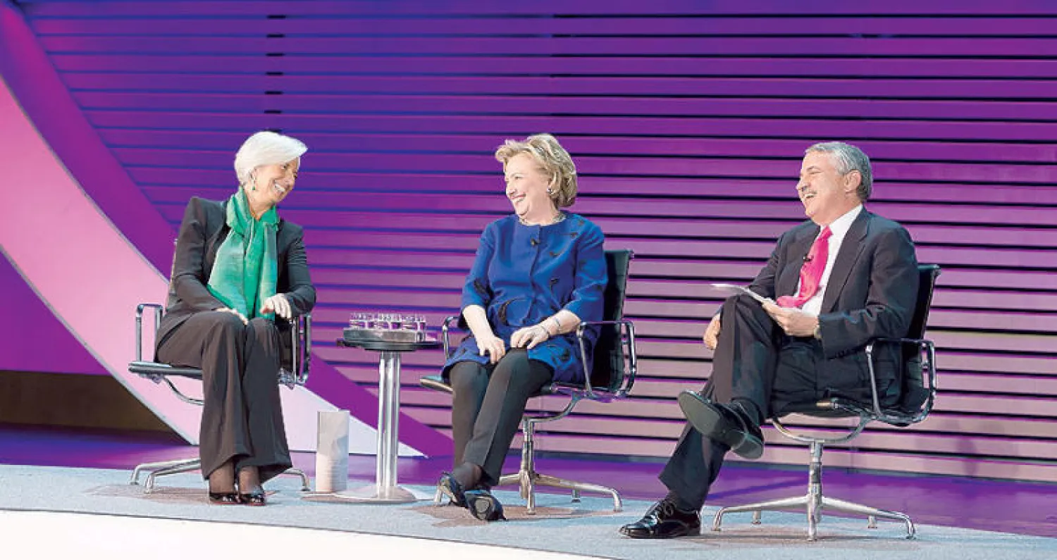 فريدمان مشاركاً في القمة العالمية للمرأة عام 2014  بجلسة حوارية مع كريستين لاغارد وهيلاري كلينتون (غيتي)