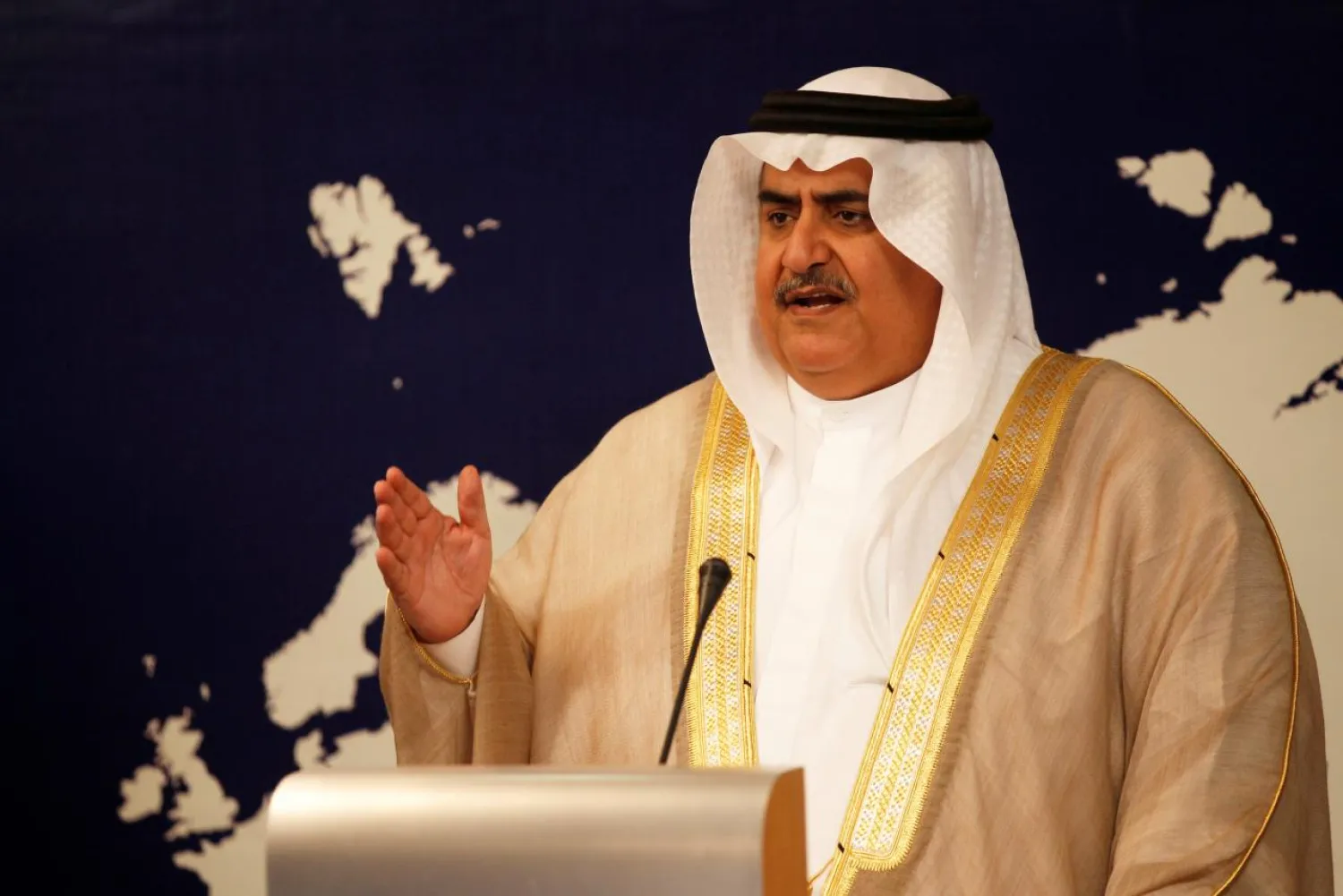 Bahrain Foreign Minister Sheikh Khaled bin Ahmed Al Khalifa speaks during a news conference in Manama, Bahrain, August 29, 2016. REUTERS/Hamad I Mohammed/File Photo