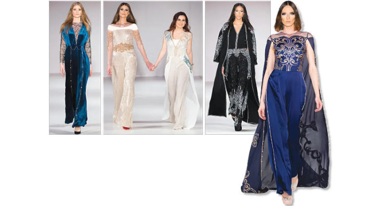 من التشكيلة التي قدمتها غيتا لحريشي خلال أسبوع لندن  للموضة - «جامبسوت» بلمسات مغربية - غيتا لحريشي مع عارضة في نهاية عرضها في لندن - «جامبسوت» من المخمل