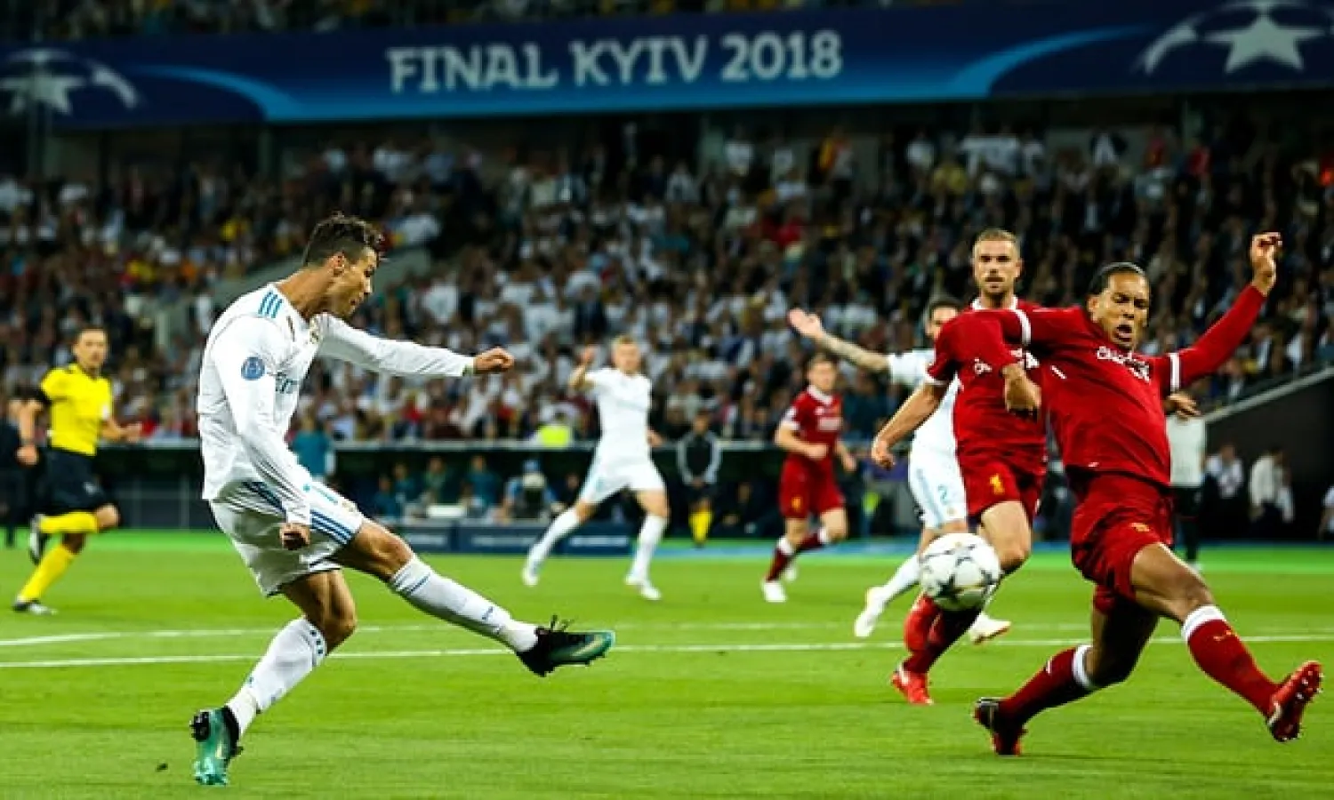  Cristiano Ronaldo has a shot during Real Madrid’s 3-1 victory against Liverpool in the Champions League final. Photograph: Robbie Stephenson/JMP/Rex/Shutterstock
