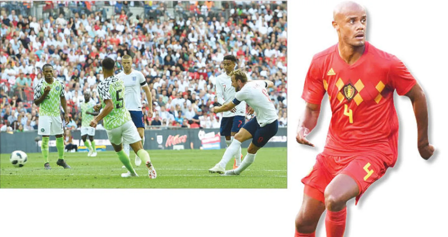 كومباني تعرض لإصابة قوية في ودية البرتغال (أ.ب) - هاري كين نجم انجلترا (يمين) يسدد نحو مرمى نيجيريا ليؤكد الفاعلية الهجومية لفريقه (ا ب ا)