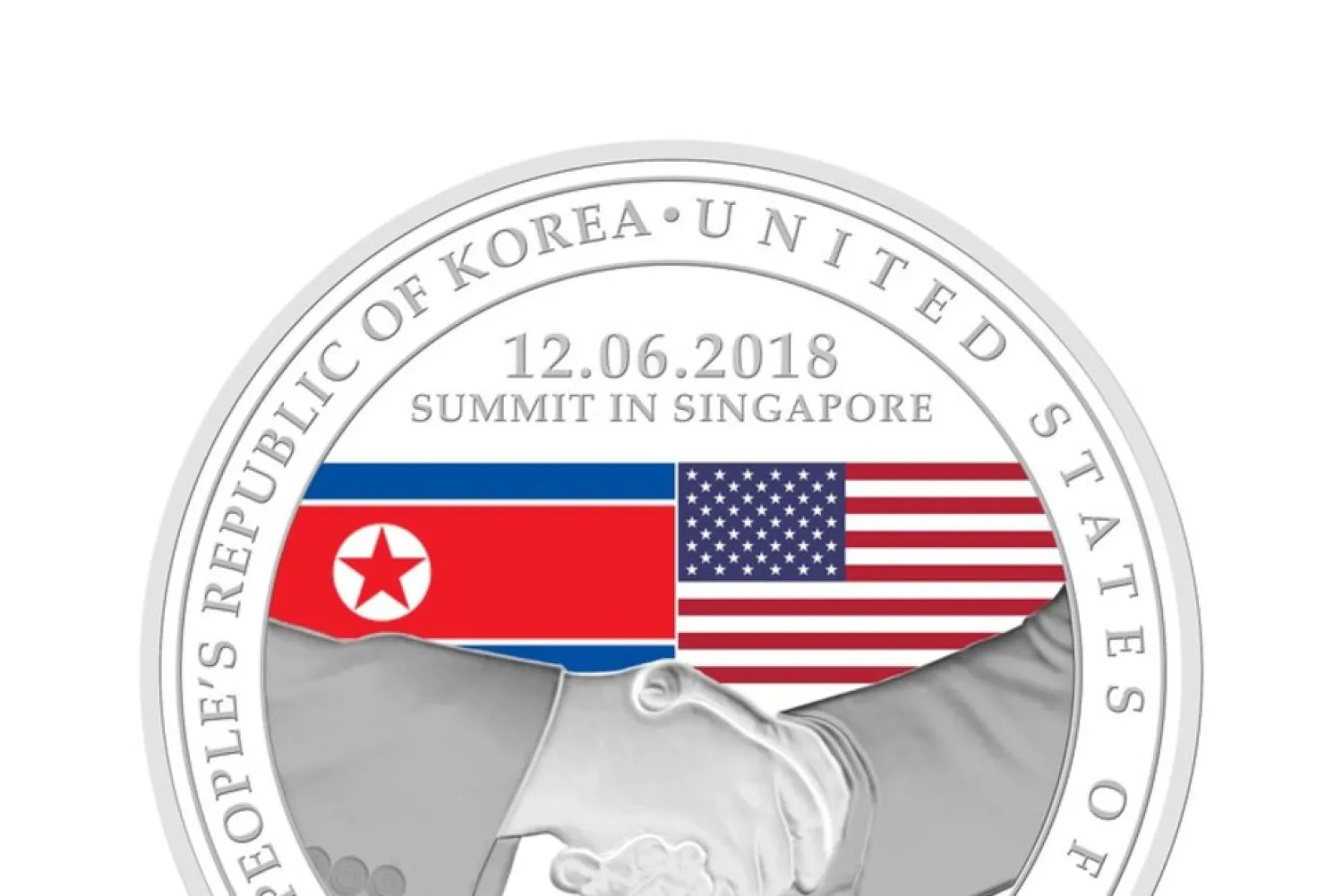 
A design for one of three medallions unveiled by the Singapore Mint commemorating US President Donald Trump and North Korean leader Kim Jong Un's meeting in Singapore is shown in this handout image supplied by the Singapore Mint on June 5, 2018. The Singapore Mint/Handout via REUTERS