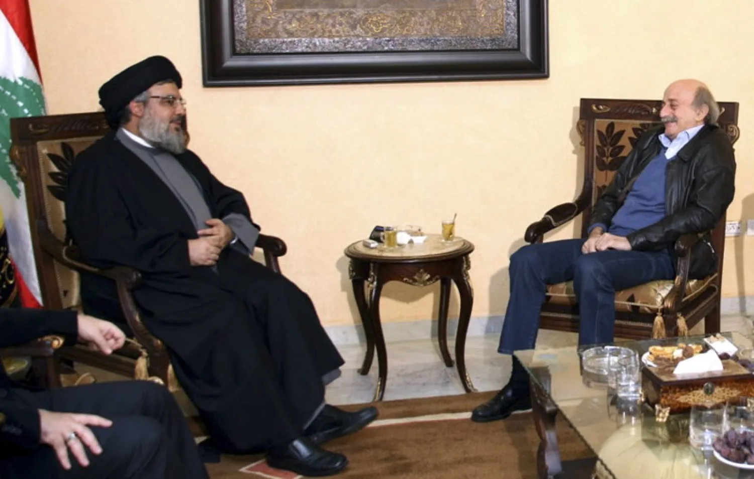 Hezbollah leader Hassan Nasrallah meets with Druze leader Walid Jumblatt, in Beirut, Lebanon, Jan. 21, 2011. AP
