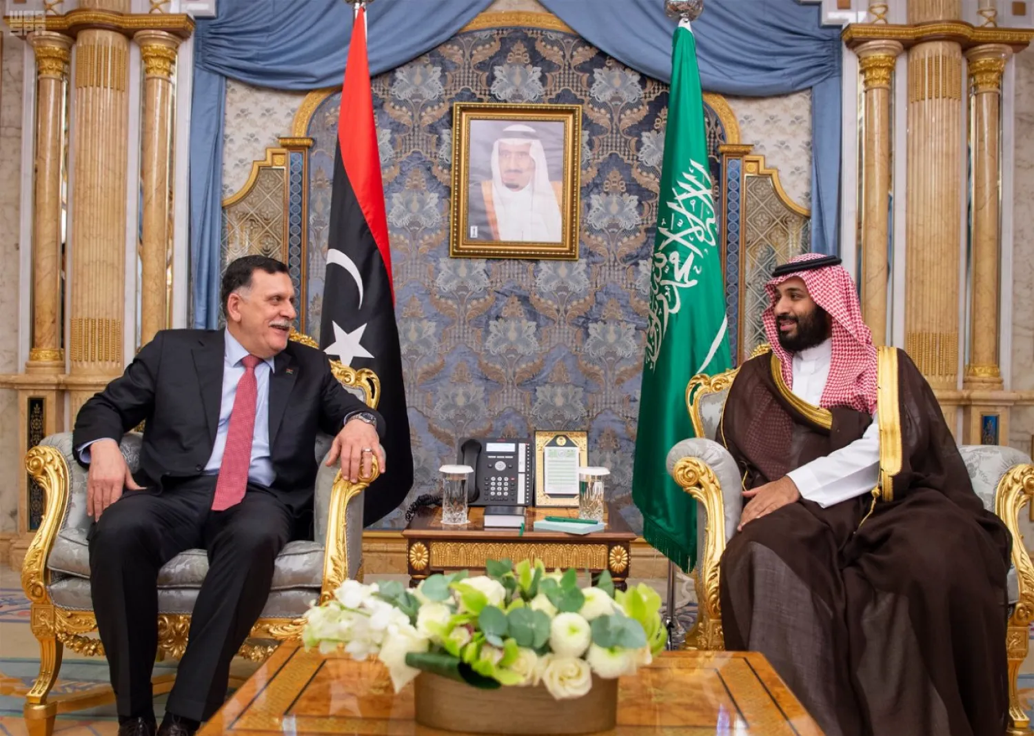 Saudi Crown Prince Mohammed bin Salman receives Libyan PM Fayez al-Sarraj in Jeddah. (SPA)
