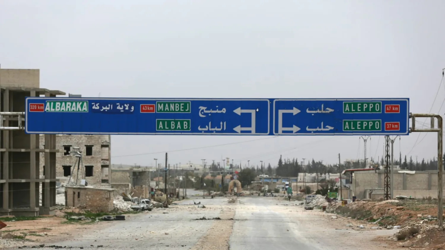 A road sign that shows the direction to Manbij city is seen in the northern Syrian town of al-Bab, Syria March 1, 2017. REUTERS/Khalil Ashawi