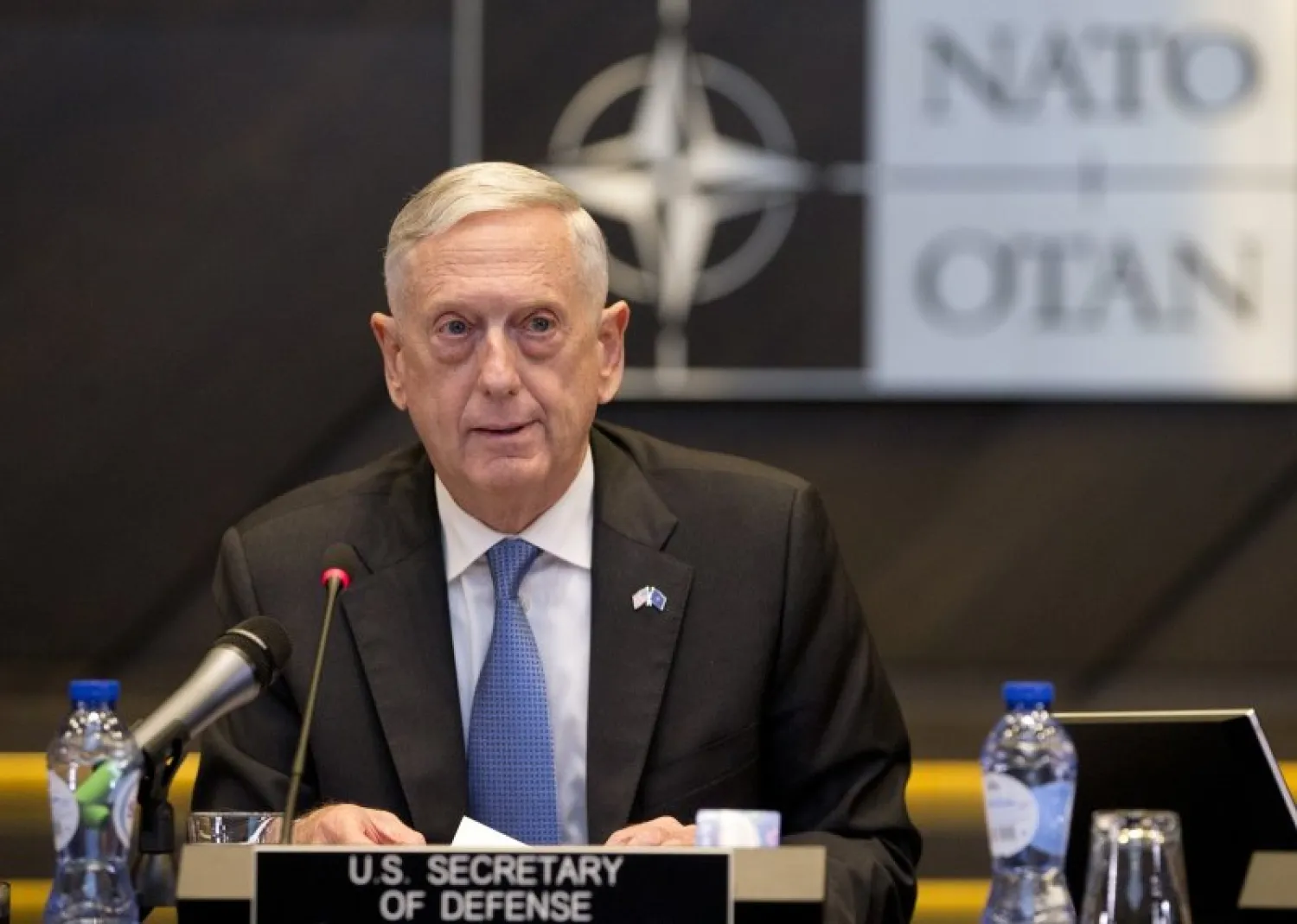 US Secretary for Defense Jim Mattis addresses a round table meeting of NATO ministers and partners to combat the Islamic State at NATO headquarters in Brussels, Friday, June 8, 2018. (AP Photo/Virginia Mayo, Pool)