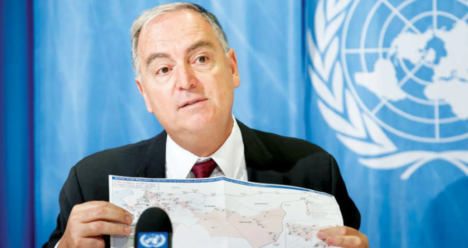 منسق الشؤون الإنسانية بالأمم المتحدة في سوريا خلال مؤتمر صحافي بجنيف أمس (أ.ب)