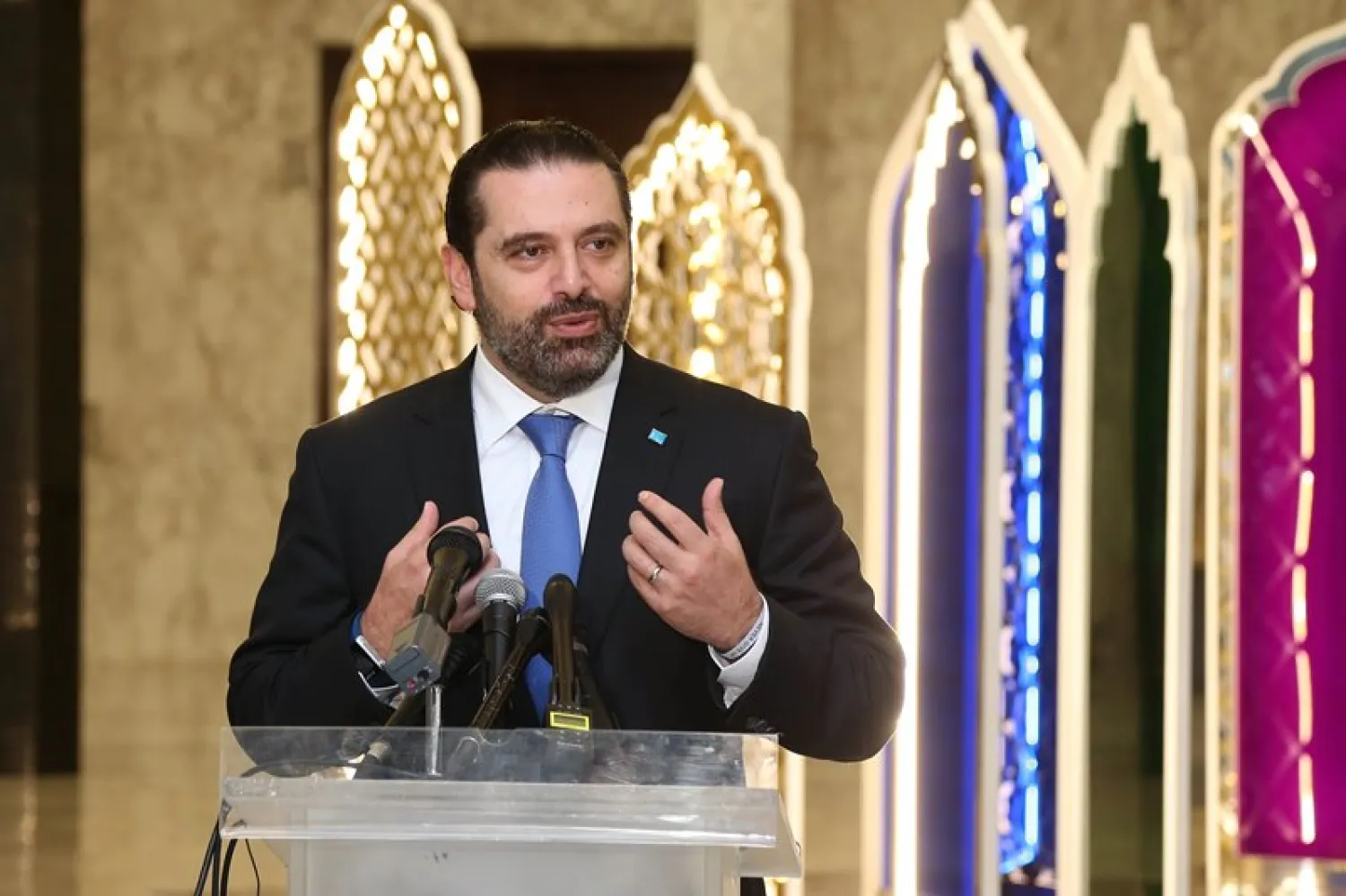 Hariri speaks to reports after visiting President Michel Aoun on Monday/NNA