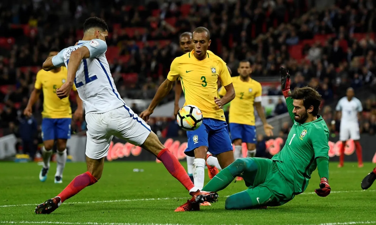 Miranda combines with the goalkeeper Alisson to deny England’s Dominic Solanke last November. Photograph: Dylan Martinez/Reuters