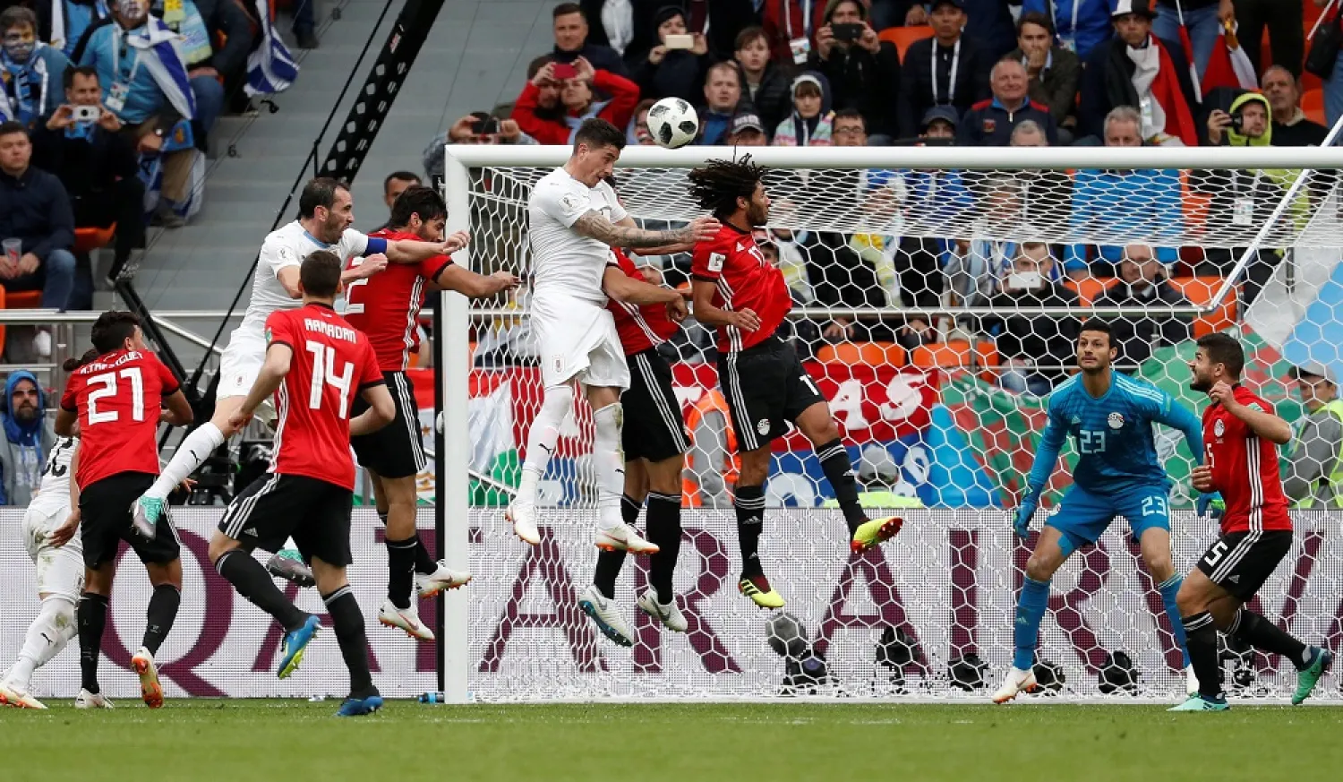 Jose Maria Gimenez scores Uruguay’s winning goal against Egypt. (Reuters)